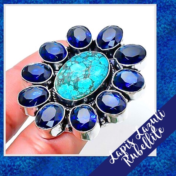 Tibetan Turquoise, Sapphire Floral Silver Ring, Size 8.5 (Turquoise, Blue)